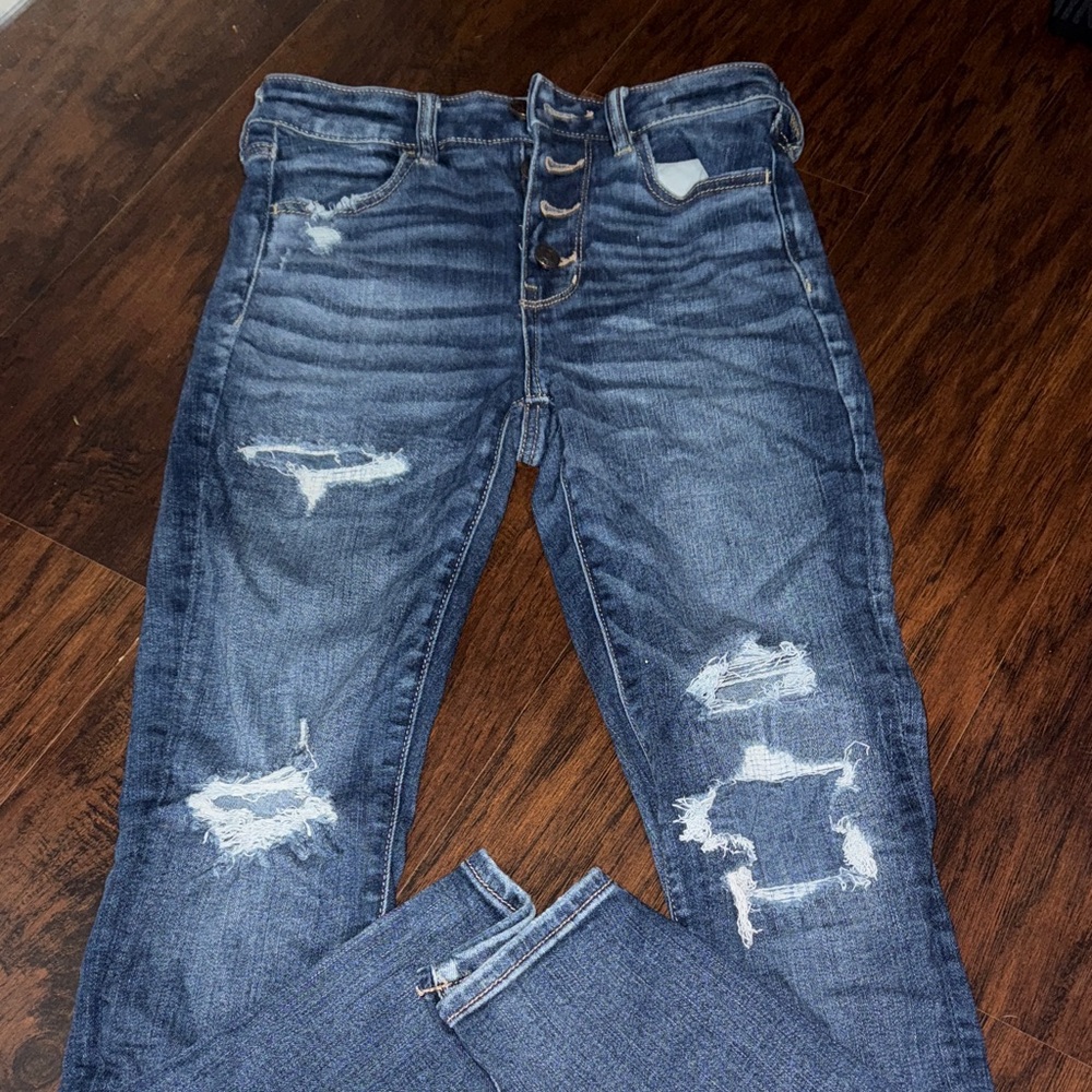 American Eagle Outfitters Dark Blue Distressed Skinny Jeans